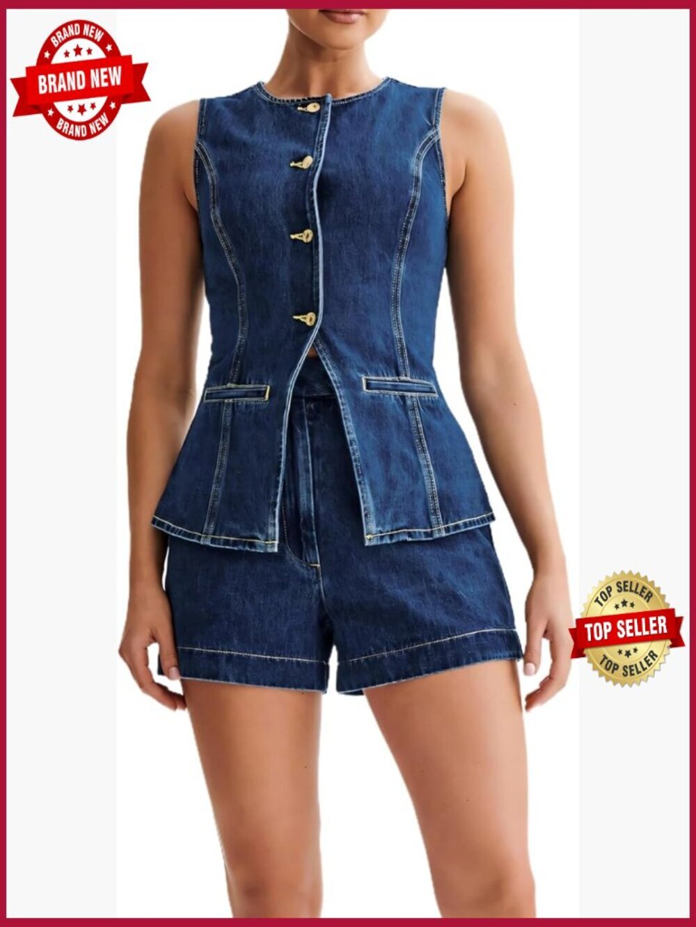 Denim Two Piece Set Sleeveless Blazer Top Shorts Suit